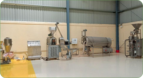 Extruder line: extruder, coating drum and packing machine in a row