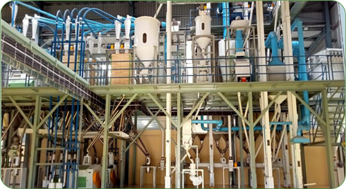 Roller flour mill: milling machines and sifters on a multi-level platform
